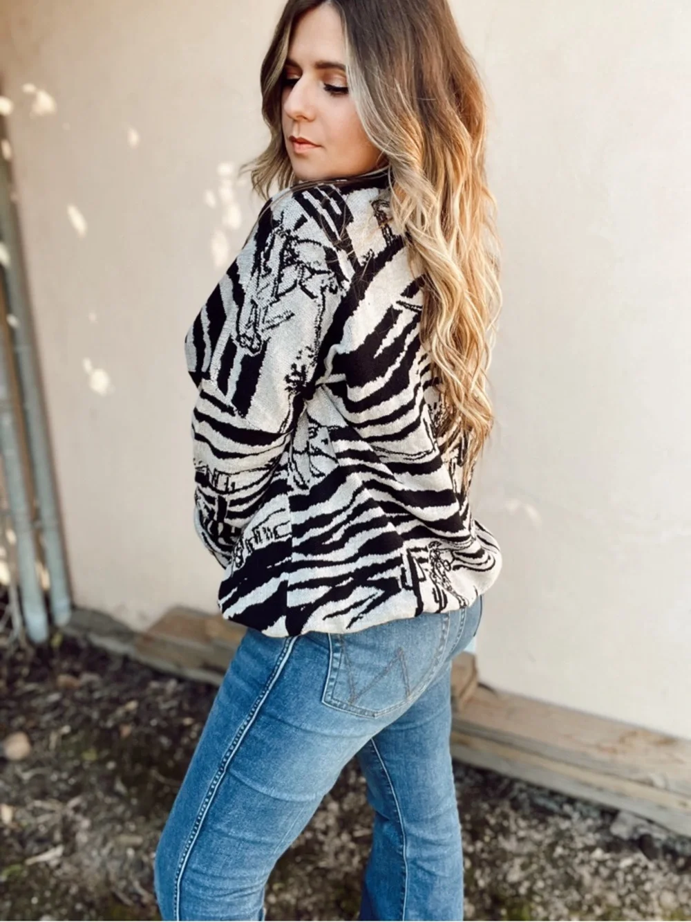 Women's Black & Cream Crew Neck Sweater - Desert Stripe Knit - Picture 3 of 7